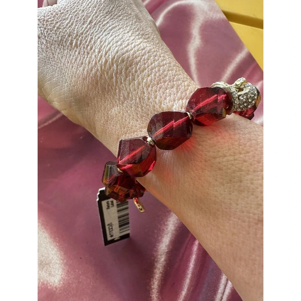 Vintage Anne Klein Red Faceted Bead ElasticBracelet Gold Tone Pave Crystal Charm
